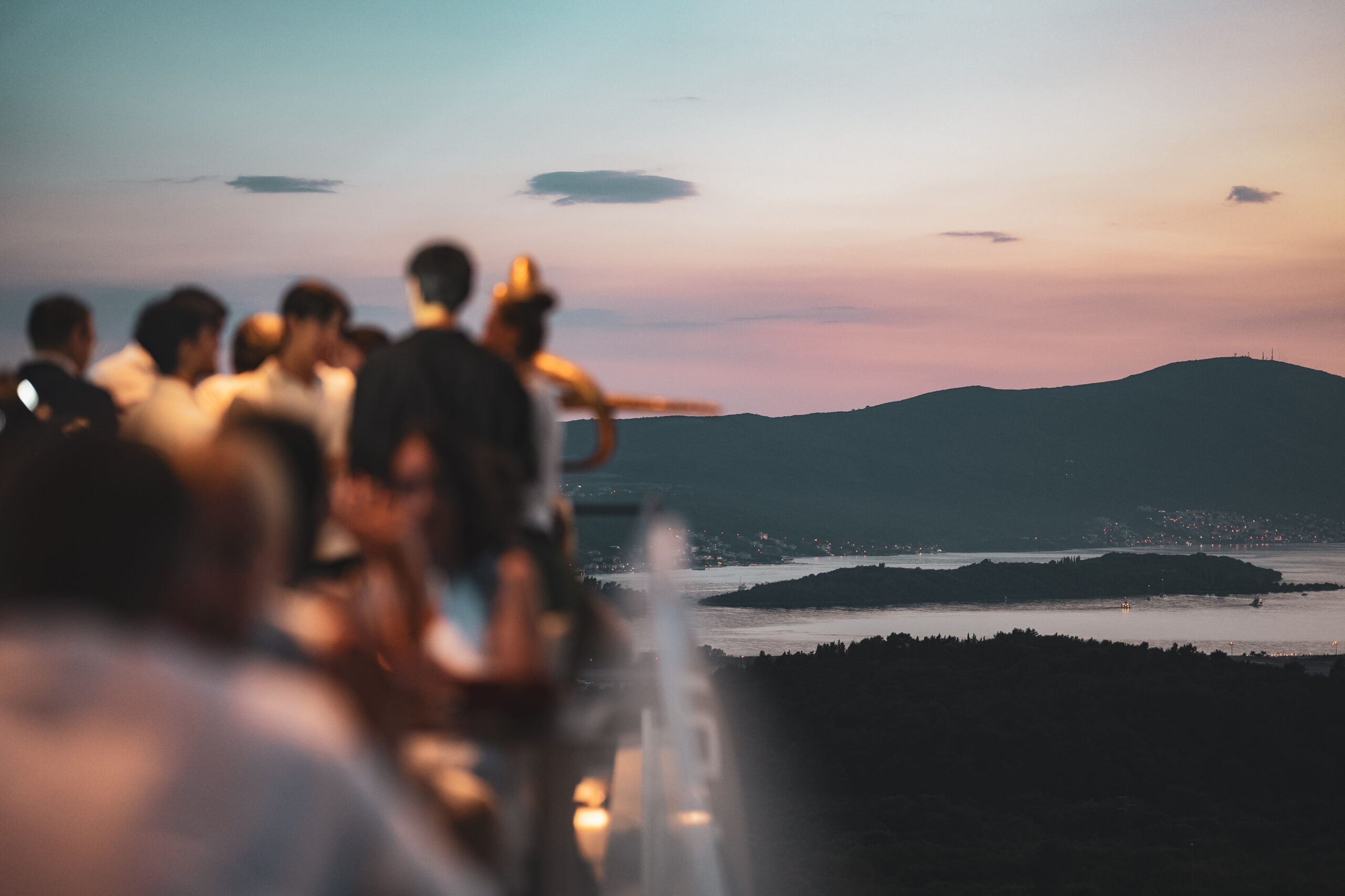 Guests gathering at sunset at Cielo